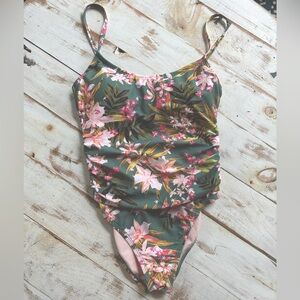 KONA SOL one piece swimsuit green tropical print shirred flattering sz S NWOT